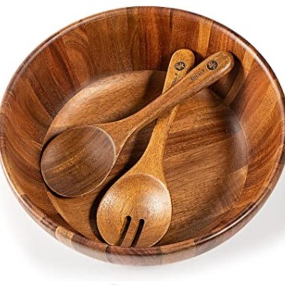 12'' Acacia Wood Salad Bowl Set - Large Salad Mixing Bowl w/ Spoon + Fork (3 pc) - Picture 3 of 15